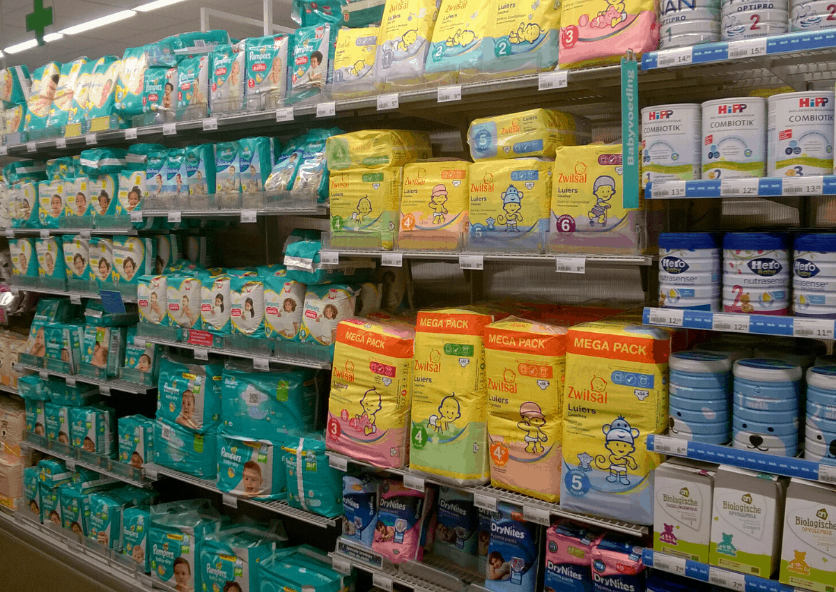 Diapers displayed on a shelf